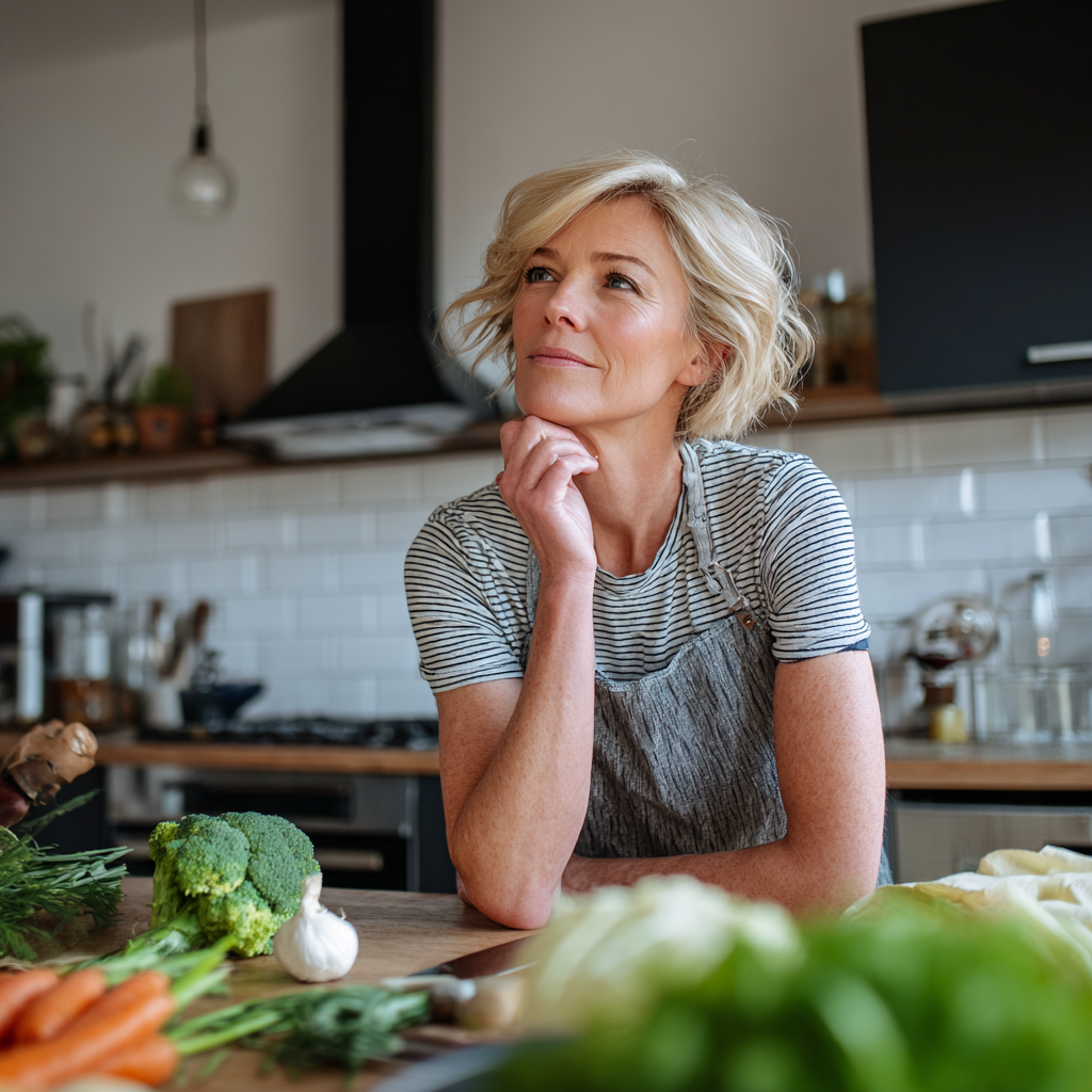 middle-aged woman thoughtfully preparing healthy meals in modern kitchen