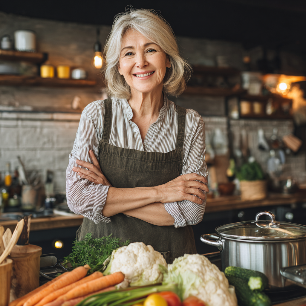 satisfied mature woman showing healthy cooking results in home kitchen environment